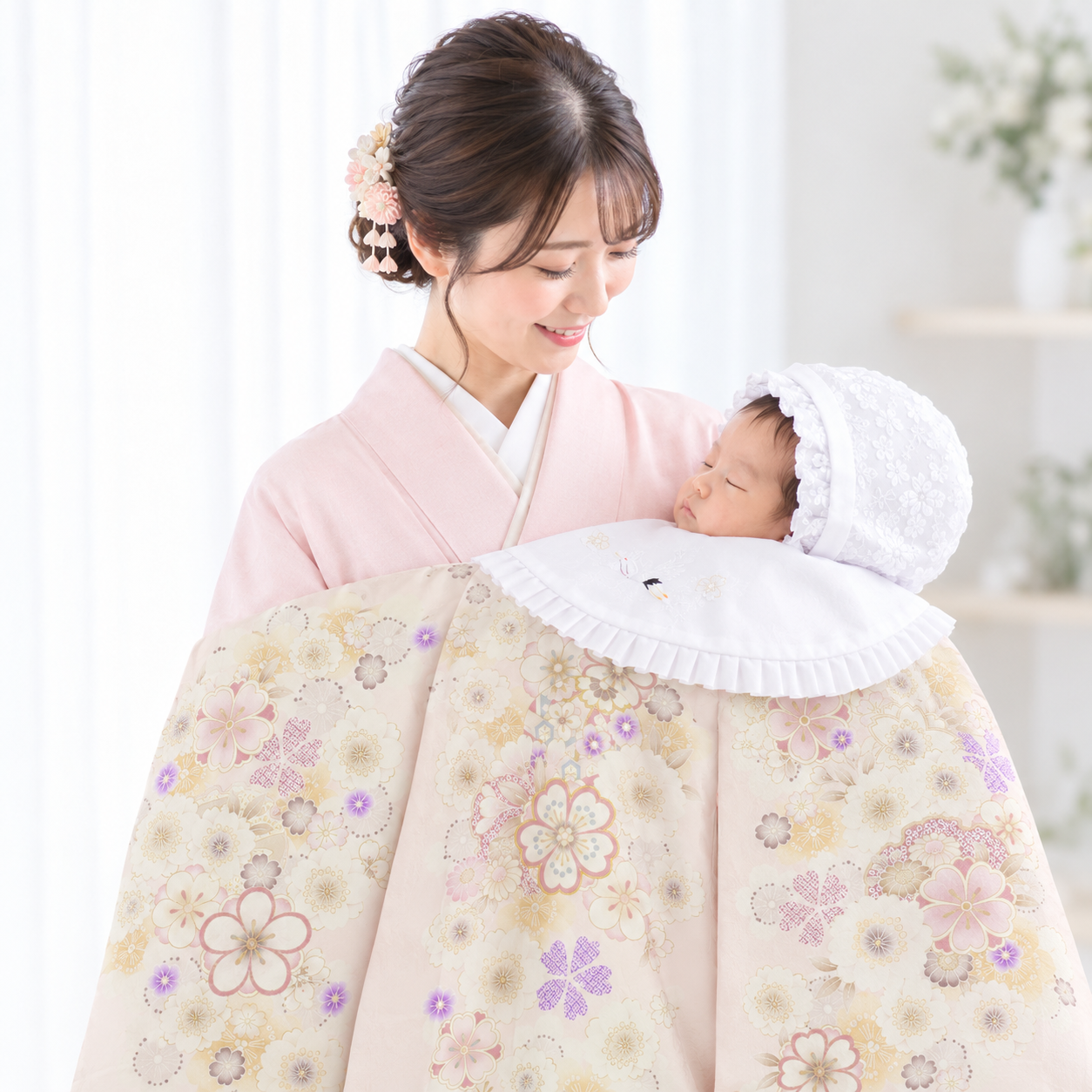 お宮参り 産着 女の子 レンタル 初着 祝着 薄ピンク 花々 [TS-G07]